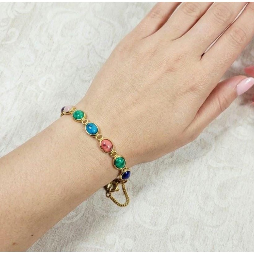 Vintage Multi Color Art Glass Cabochon Bracelet Gold Tone Adjustable 7.5 to 9 In
